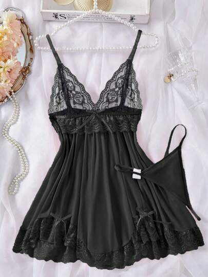 2 件女式性感纯色撞色蕾丝睡衣套装，V 领露背不对称下摆吊带背心连衣裙和丁字裤，舒适睡袍