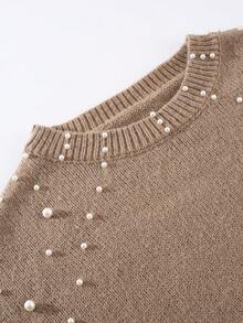 European & American Style Elegant Plus Size Women Pearl Embellished Knit Crew Neck Sweater, Autumn/Winter - Khaki - View 6