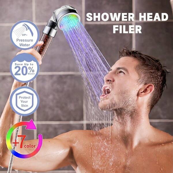 Cabezal de ducha de lluvia LED, tipo de filtrado de iones negativos, tipo de alta presión y ahorro de agua, 7 colores, detección automática, sin batería requerida, usa cabezal de rociado de mano, 6,06 litros por minuto, adecuado para decoración de baño en casa con piel y cabello secos, accesorios de baño de verano