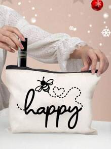 Make-uptas met opdruk van de letters "Happy" en een klein bijenpatroon - lichtgewicht en geurloze reistas van polyester, geschikt voor natuurliefhebbers en vrouwen, leuke multifunctionele canvas tas in cartoonstijl, perfect cadeau voor tieners, verjaardags- en reisaccessoires, vakantiecadeaus, boho-sfeer, voor strandvakanties, badkamercollectie, slaapkamercollectie, grote capaciteit