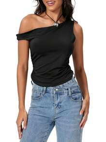 Womens Off Shoulder Ruched Crop Tank Tops One Shoulder Twist Strap Crop Tops Summer Going Out Top Crop Shirts Summer  Streetwear - 黑色 - 查看 1