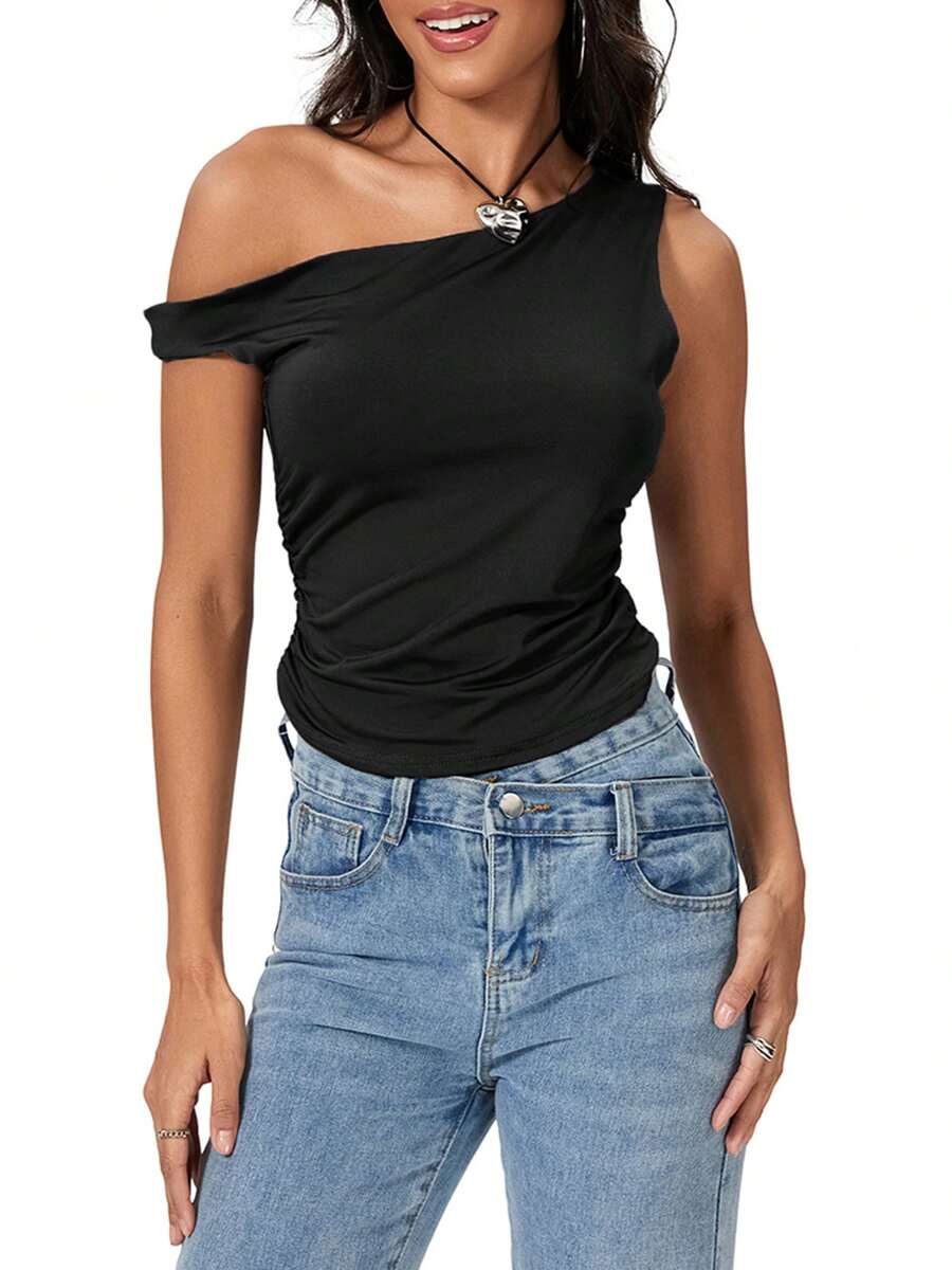 Womens Off Shoulder Ruched Crop Tank Tops One Shoulder Twist Strap Crop Tops Summer Going Out Top Crop Shirts Summer  Streetwear - 黑色 - 查看 1