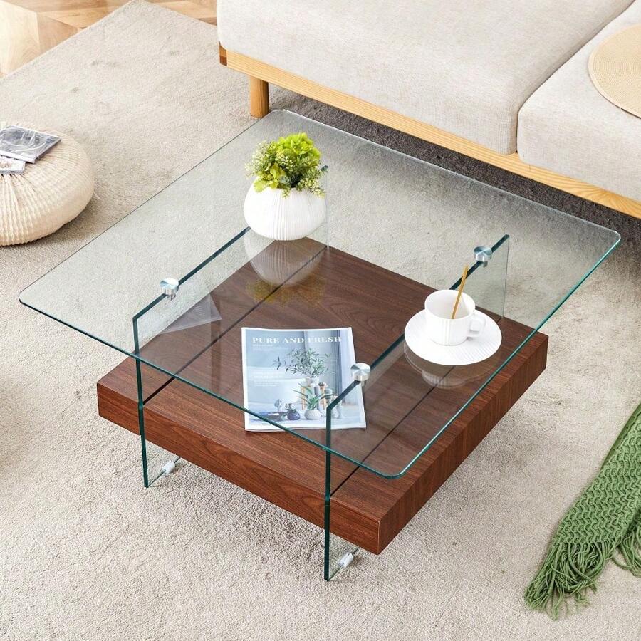 31.4 Inch Modern Two-Tier Square Coffee Table - An Elegant Combination Of Clear Glass And Dark Wood Texture Sticker It Can Be Used Not Only As A Coffee Table But Also As A Side Table Or Display Stand.