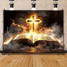 Telón de fondo vibrante para bautizo, con diseño colorido bíblico y de cruz - impresión de un solo lado, tela de poliéster, apto para fotomatón, sala de estar, decoración al aire libre y celebraciones festivas, decoración de bautizo - 1 - Ver 2
