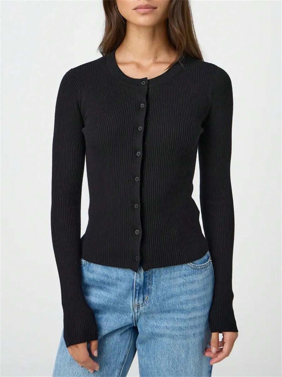 Women's Autumn Sweater Cardigan Solid Color Long Sleeve Round Neck Button Up Ribbed Knitwear - Black - View 1