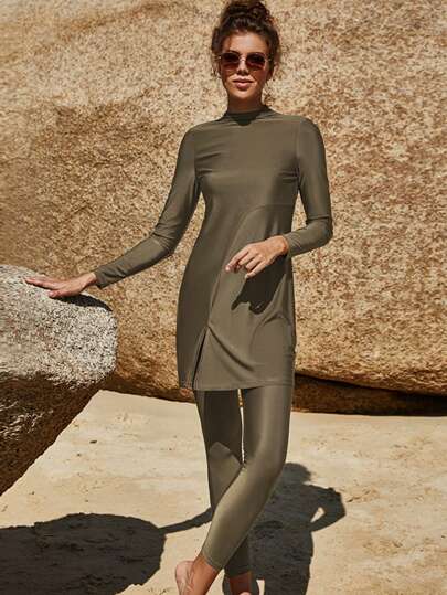 VFJ Modest High Neck Long Sleeve Burkini For Women, Casual High Waist Swimsuit With Zipper Detail And High Stretch Fabric Vacation Beach Summer