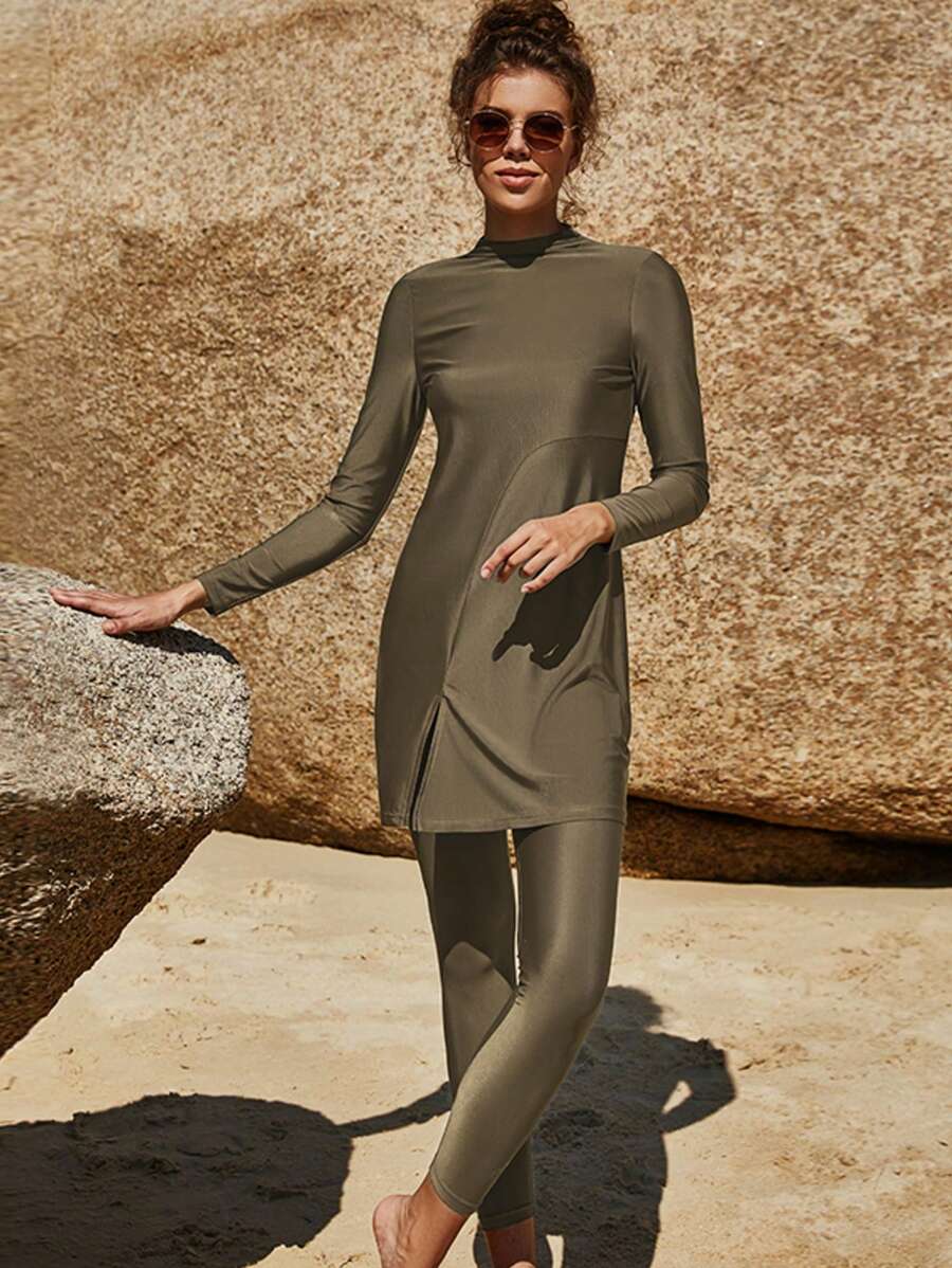 Modest High Neck Long Sleeve Burkini For Women, Casual High Waist Swimsuit With Zipper Detail And High Stretch Fabric Vacation Beach Summer