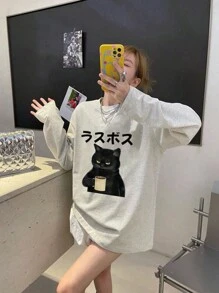 女士休闲字母与日本猫印花长袖 T 恤，春/秋