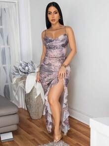 1pc Fashion Sexy High Slit Ruffle Hem Dress, Party Dress, Wedding Guest Cocktail Dress - Dusty Pink - View 1