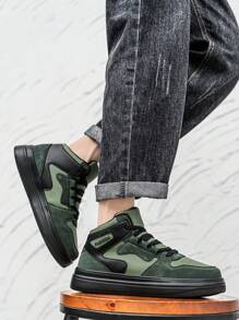 男士高帮橄榄绿皮革拼接厚底撞色复古休闲系带高帮运动鞋，百搭日常轻便舒适户外运动鞋 - 綠色 - 查看 8