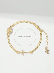 1pc Classic Zirconia Copper Chain Two-Tone Virgin Mary & Jesus Cross Charm Bracelet, Suitable Gift For Mother, Valentine, Couple, Sibling, Friend, Everyday & Festive Wearing & Praying
