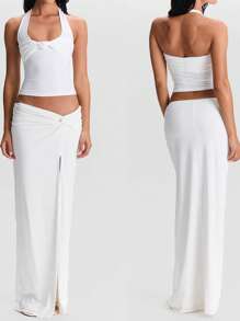 Women's Halter Neck Tank Tops Summer Sleeveless Solid Color Knot Front Shirts Dressy Tops - 白色 - 查看 4