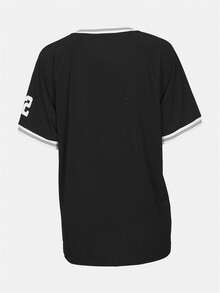 夏季 Y2K 字母条纹印花篮球 T 恤女式休闲 V 领半袖宽松上衣街头时尚 T 恤 - 黑色 - 查看 5