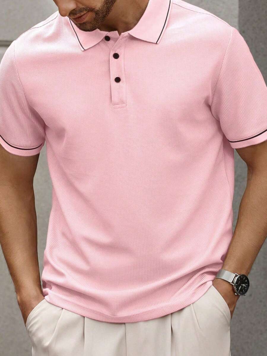 Men Plus Size Striped Short Sleeve Casual Office Polo Shirt - Pink - View 1