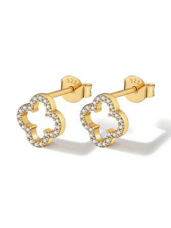 A Pair Of Fashionable, Elegant, Simple And Shining S925 Sterling Silver Hollowed Out Four-Leaf Clover Cubic Zirconia Earrings Suitable For Women's Anniversary Wear