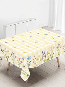 1pc, Spring Flower Easter Tablecloth, Polyester Yellow Plaid Floral And Grass Design Rectangular Table Cover, Festive Spring Themed Outdoor/Indoor Party Supplies Decoration, Easter Decoration For Home Kitchen Table Decor