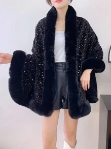 一件秋冬季仿毛皮饰边亮面披肩，法兰绒内衬，休闲派对优雅斗篷外套，可搭配连衣裙穿着。 - 彩色 - 查看 11