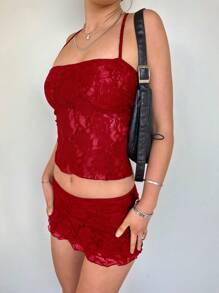 Women's Sleeveless Spaghetti Straps Solid Color Daily Basics Casual Lace Set Dating Vacation Shopping Street Photography Club Wear Fashion Spring Summer Back Tie Sleeveless Top Low Cut Mini Skirt Party Club Two Piece Set - 紅色 - 查看 4