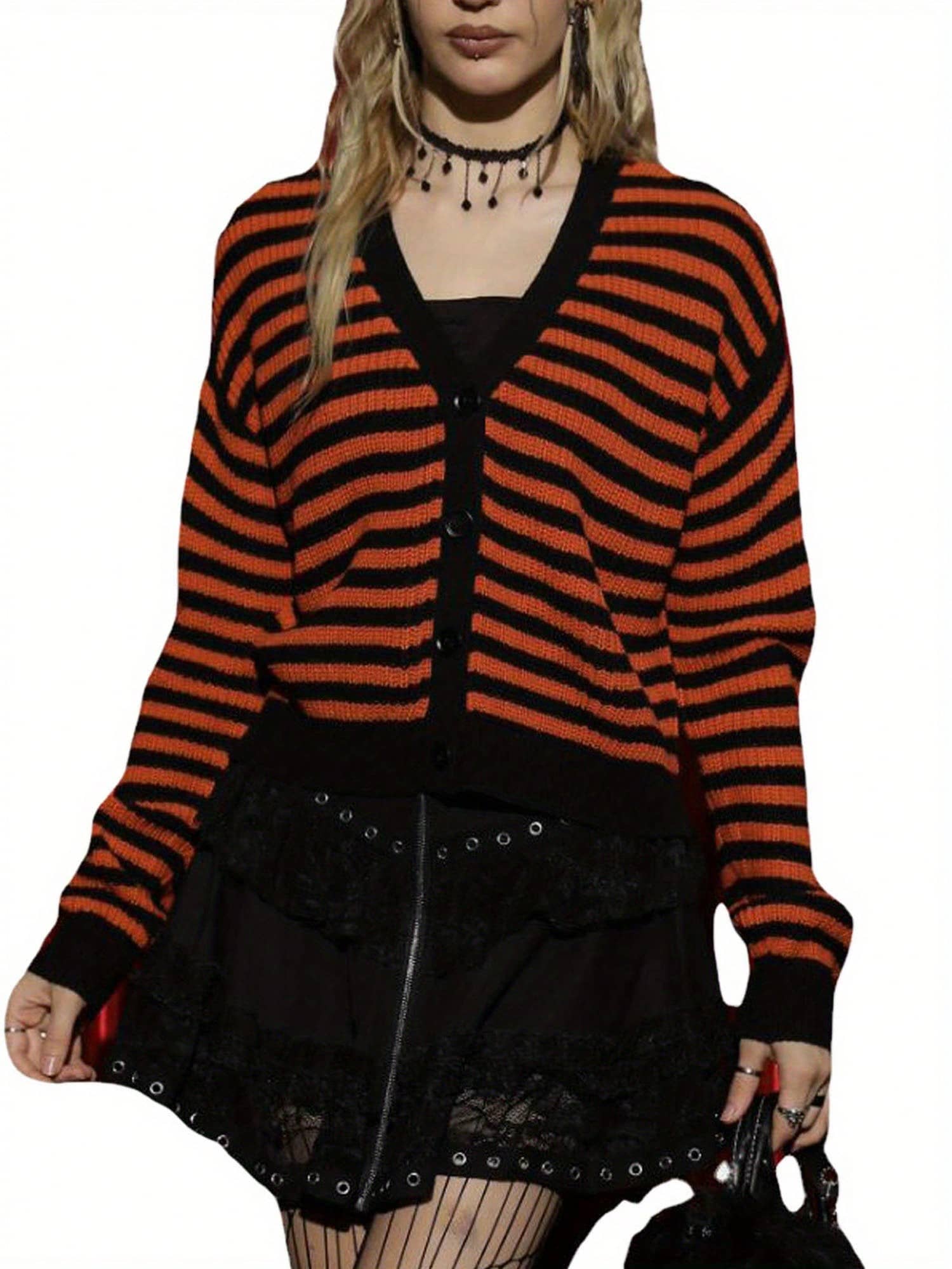 Women Striped Cardigan, Long Sleeve V-Neck Button Closure Fall Casual Jacket Sweater - Orange - View 1