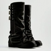Fold Over Knee High Boots Slouch Boots For Women Chunky Goth Platform Boots,Wide Calf Long Boots Square Toe Riding Boots, Dressy Wedding Bride Bridesmaid Prom Graduation Business Dress Shoes,For Carnival Music Festival Concert,Fashion Party Dress Shoes - 黑色 - 查看 6