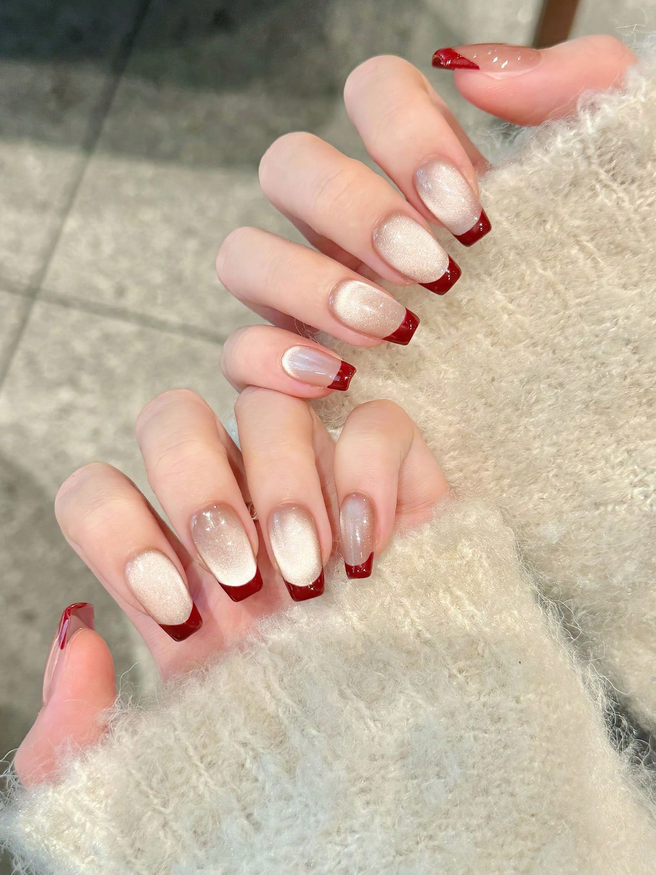 طقم 10 أظافر ضغط برغندي بنمط عين القط اليدوية، منا...