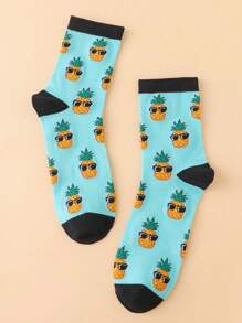 1 Pair Men's Creative Fashion Sunglasses & Pineapple Design Socks, Comfortable & Breathable Mid-Calf Socks, Funny Socks Gift For Women, Fall - Multicolor - View 1