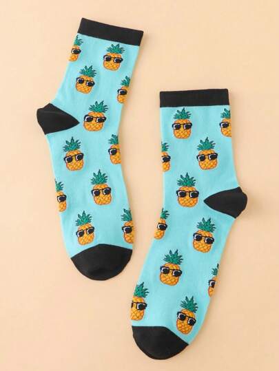 1 Pair Men's Creative Fashion Sunglasses & Pineapple Design Socks, Comfortable & Breathable Mid-Calf Socks, Funny Socks Gift For Women, Fall