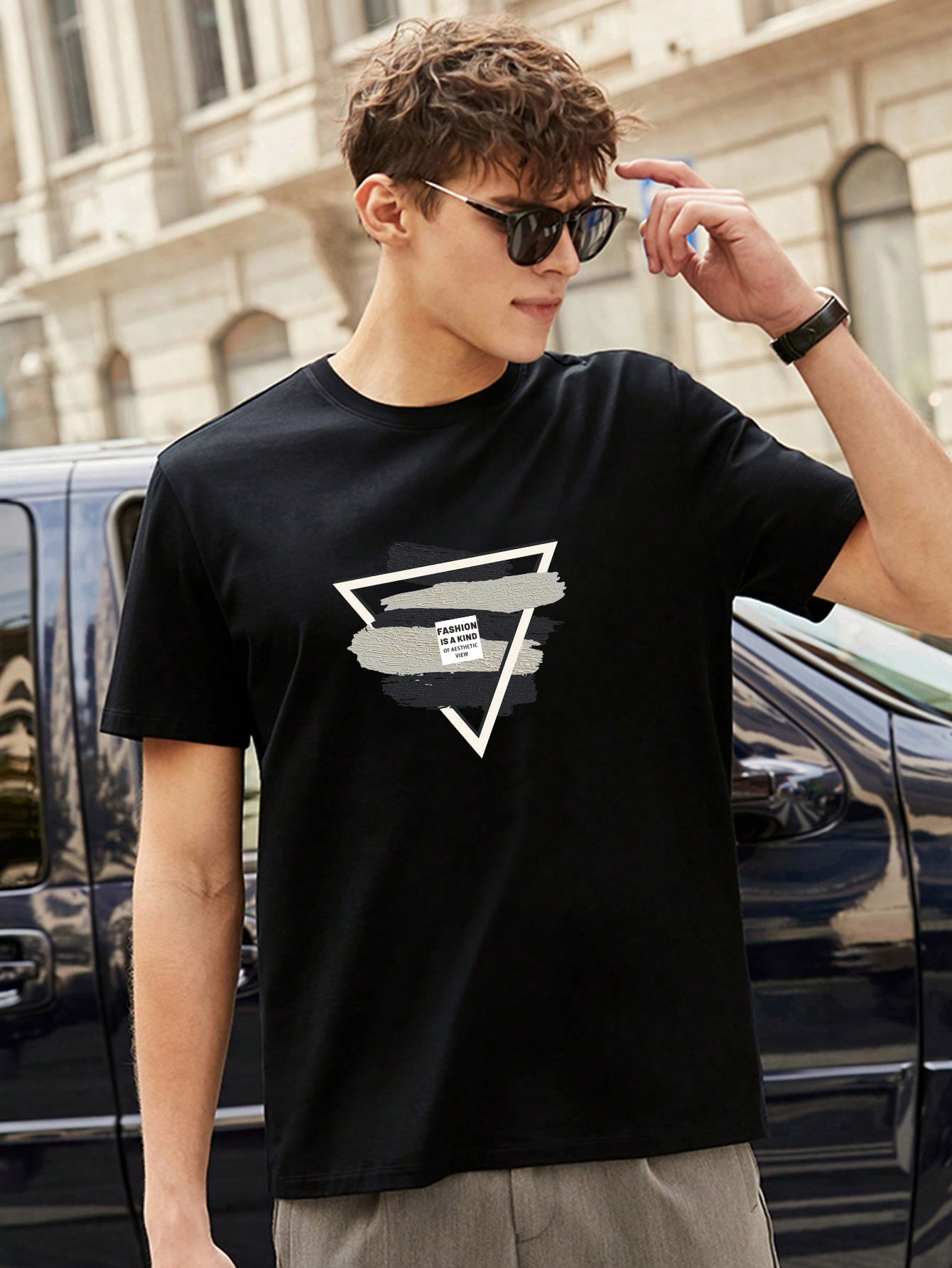 Men's Casual Geometric Print Round Neck Short Sleeve T-Shirt