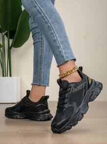 Women's Black Spring/Summer Fashion Round Toe Lace-Up Breathable Mesh & Leather Shoes, Comfortable Soft Bottom Thick Sole Casual Sneakers - Black - View 3