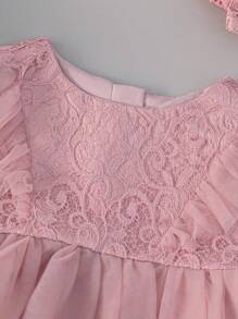 Baby Girl Elegant Pink Lace Contrast Mesh Party Dress, Suitable For 1 Month, 1 Year Old Birthday, Special Occasion - Dusty Pink - View 3