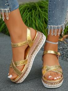 Women's Crocodile Embossed Rivet Decor Criss-Cross Strap Wedges High Heel Sandals, Fashion Gold Thick Sole Vacation Casual, Party Gathering Wear, Random Gold Patterned Design - Gold Crocodile Pattern - View 6