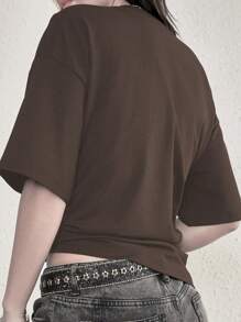 Women's Vintage Y2K Guitar Print Round Neck Short Sleeve T-Shirt - Chocolate Brown - View 3