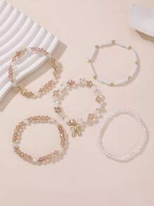 5 Pieces Girls Crystal Beaded Bracelet Set With Bow And Heart Designs - Multicolor - View 13