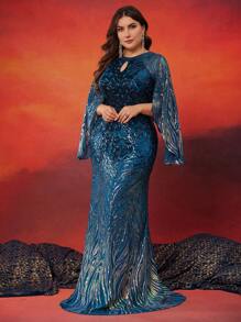 XUIBOL Plus Size Elastic Ombre Sequin Fitted Maxi Dress, Round Neck Long Sleeve Split Sleeve Elegant Formal Gown, Suitable For Mother Of The Bride, Cocktail Party, Formal Occasions, Wedding Guest Dress, Evening Dress - 水鴨藍 - 查看 5