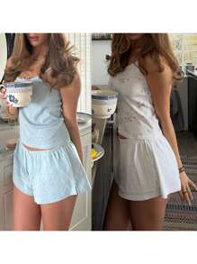 Women's 2 Y2K Pyjamas Set, Sleeveless Italian Halter Trim Cami Top + Shorts Strip Set Pyjamas Homewear.