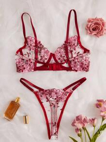 Floral Embroidered Sheer Women's Sexy Lingerie Set, Rave For Going Out - Burgundy - View 6