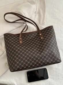 1pc Women Khaki PU Zipper Jacquard Pattern Tote Bag, Large Capacity Minimalist Printed Rivet Design Shoulder Handbag, Versatile - Coffee Brown - View 8