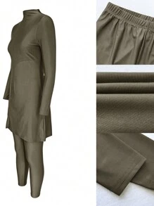 VFJ Modest High Neck Long Sleeve Burkini For Women, Casual High Waist Swimsuit With Zipper Detail And High Stretch Fabric - Army Green - View 9