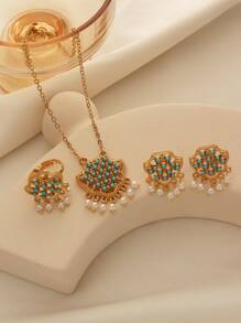 1set Copper Alloy Plated Pearl Tassel Blue Stone Inlaid Earrings, Ring, Necklace Jewelry Set, Suitable For Women Daily Wear