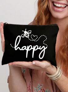 Make-uptas met opdruk van de letters "Happy" en een klein bijenpatroon - lichtgewicht en geurloze reistas van polyester, geschikt voor natuurliefhebbers en vrouwen, leuke multifunctionele canvas tas in cartoonstijl, perfect cadeau voor tieners, verjaardags- en reisaccessoires, vakantiecadeaus, boho-sfeer, voor strandvakanties, badkamercollectie, slaapkamercollectie, grote capaciteit
