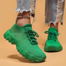 Women's Simple Plain Lace-Up Low Top Sock Sneakers, Summer 2024 Casual Comfortable Breathable Lightweight Sports Running Shoes - màu xanh lá - Xem 4