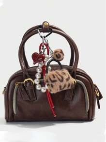 1 pieza Llavero/Accesorio de cuerda de bolso Charm de mujer con estampado de leopardo y perla y corazón, decoración de bolso, colgante de billetera con forma de corazón, llavero de bolso, accesorio de cuerda de bolso, llavero de coche, colgante de bolso femenino, regalo creativo