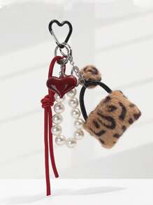 1 pieza Llavero/Accesorio de cuerda de bolso Charm de mujer con estampado de leopardo y perla y corazón, decoración de bolso, colgante de billetera con forma de corazón, llavero de bolso, accesorio de cuerda de bolso, llavero de coche, colgante de bolso femenino, regalo creativo