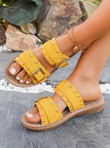 2025 新款手工串珠装饰低跟女式凉鞋，1 双朋克摇滚风格双带轻便一脚蹬人字拖，休闲露趾，厚底沙滩鞋，适合夏季度假