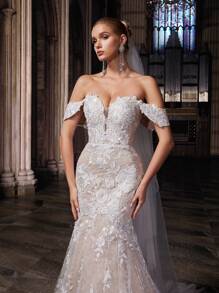 Elasola 仙气优雅露肩蕾丝拼接迎宾花朵刺绣婚纱，婚纱，新娘，情人节 - 白色 - 查看 8