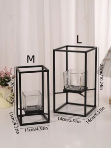 1pc Black Iron Square Candle Holder, Black Iron Frame Glass Cup Candle Holder, 3-5 Cup Tea Light Candle Holder, Glass Frame Candle Holder, 3D Candle Holder Decor, Minimalist Party & Banquet Candle Stand (Candles Not Included) Gifts Birthday Graduation - Black - View 2