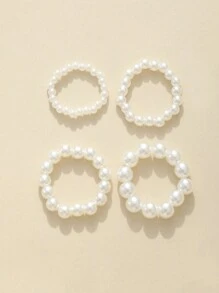 4pcs/Set Girls' Pearl Beaded Ring Set - White - View 6