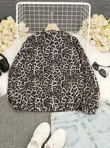 Autumn Fashion New Women Jacket, French Style, Leopard Print, Animal Print, Zipper, Back To School, American Long Shirt, Teacher Outfit, 70s Retro Jacket, Commuter, Minimalist, Office Wear, Vintage, Simplistic, French, Leopard Jacket, Autumn Top Old Money Style, Warm, Khaki, Teacher Coat, Round Neck, Drop Shoulder Long Sleeve, Women Casual Drop Shoulder Leopard Print Long Sleeve Jacket, Suitable For Outerwear - Multicolor - View 2