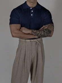 Men's Soft Texture Sports Casual Polo Collar Short Sleeve Pit Strip Texture Casual Sweater