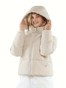 Women Puffer Jacket Hood Winter Water Repellent Wind-Resistant Ladies Classic Quilted Padded Coat Big Pocket - Cream - View 2